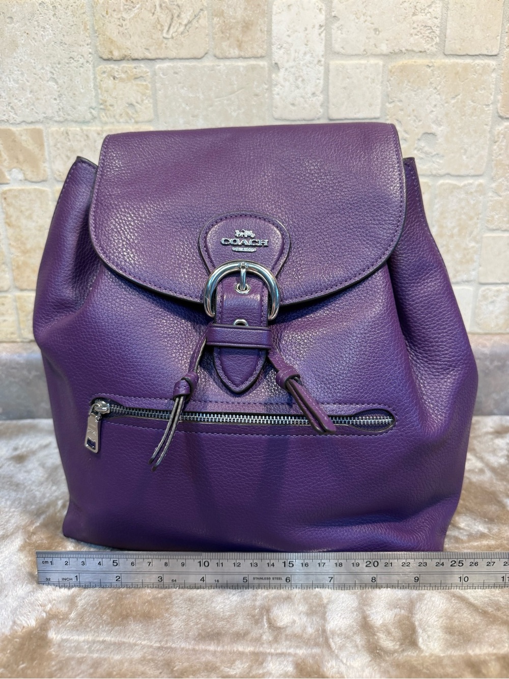 Coach Purple Pebbled Leather Drawstring Backpack with Front Zip Pocket